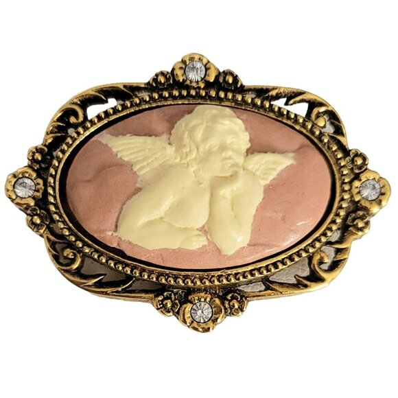 The Vatican Library Collection Angel Cherub Faux Cameo Rhinestone Oval Brooch - Picture 7 of 7